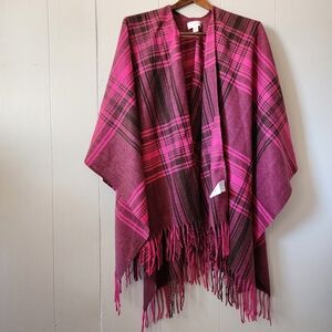 Belle by Kim Gravel Plaid Shawl Cardigan Wrap Poncho Fringe Pink One Size